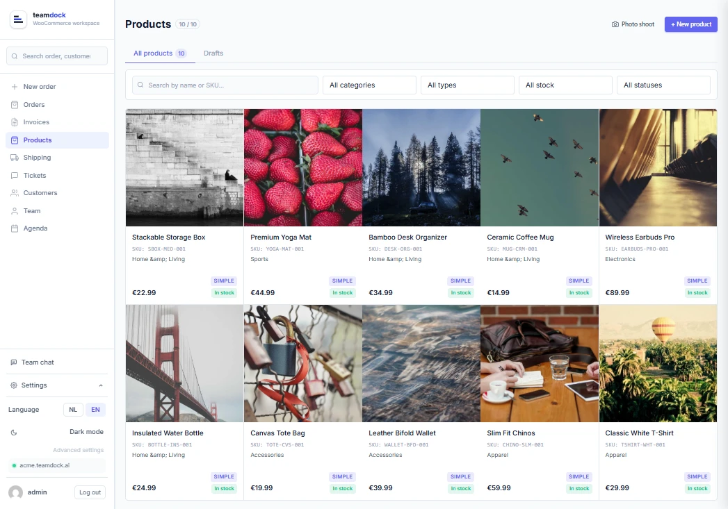 Teamdock dashboard — product catalogue view